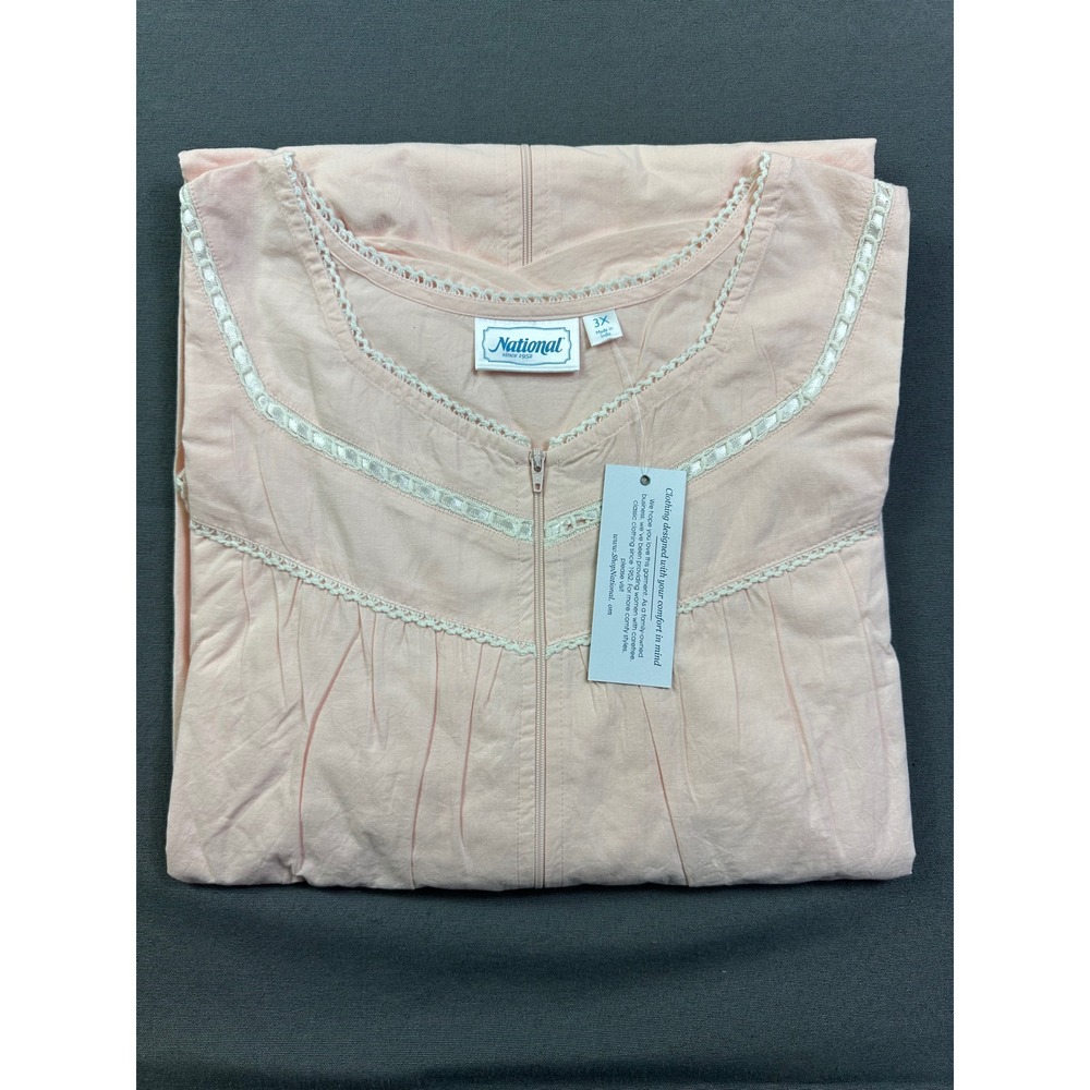 National Peach Zip Front House Dress Short Sleeve Lace Trim Lounger 3X NEW